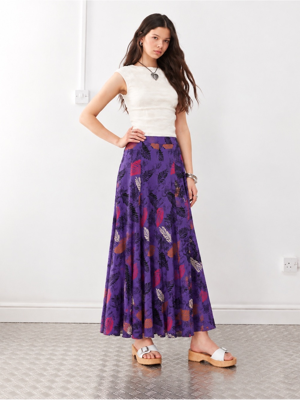 Vintage Silk Maxi Skirt Purple Leaf Pattern Size XS 823